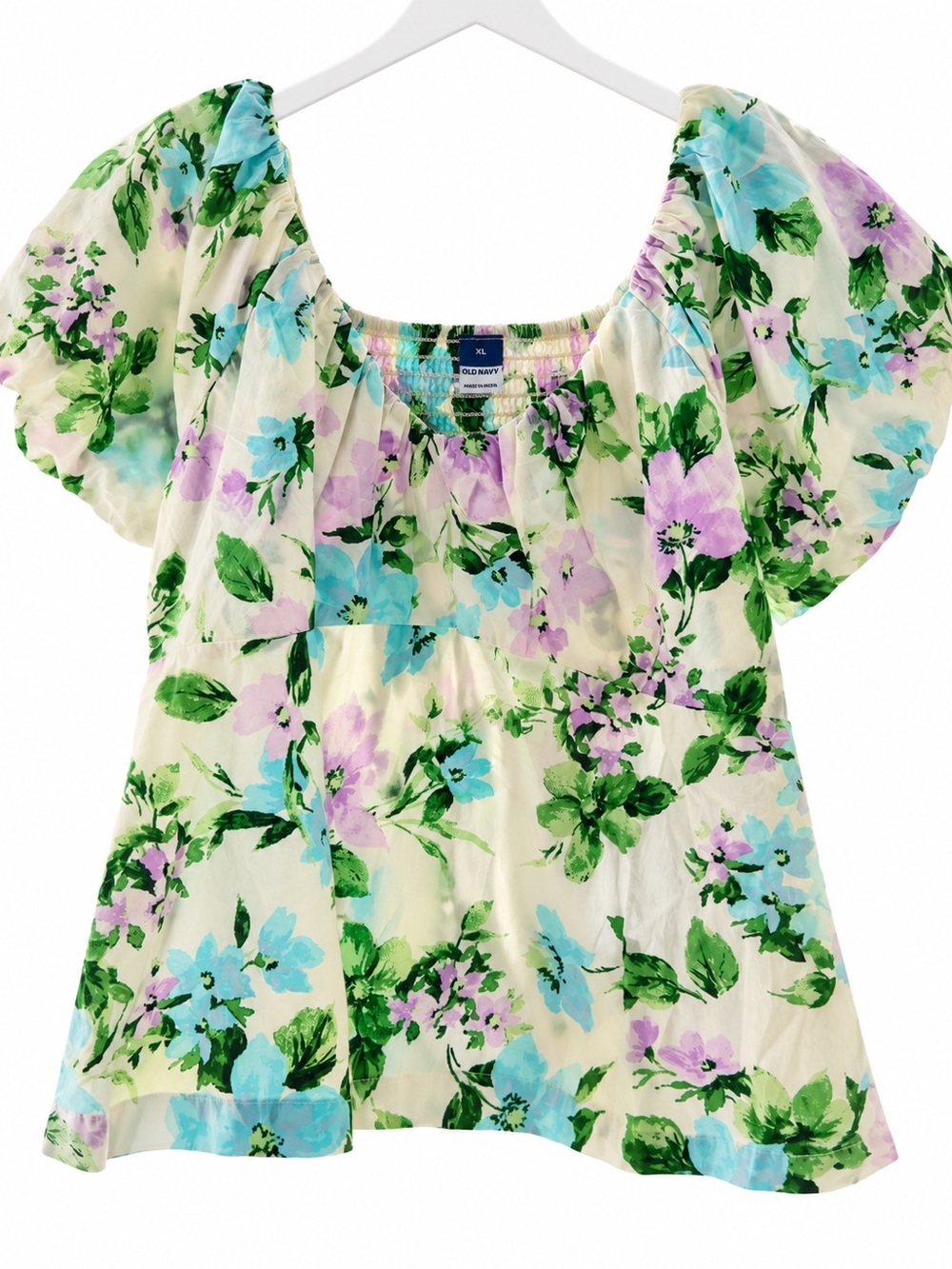 Old Navy Cream Floral Puff-Sleeve Peasant Top with Blue & Lavender Blooms